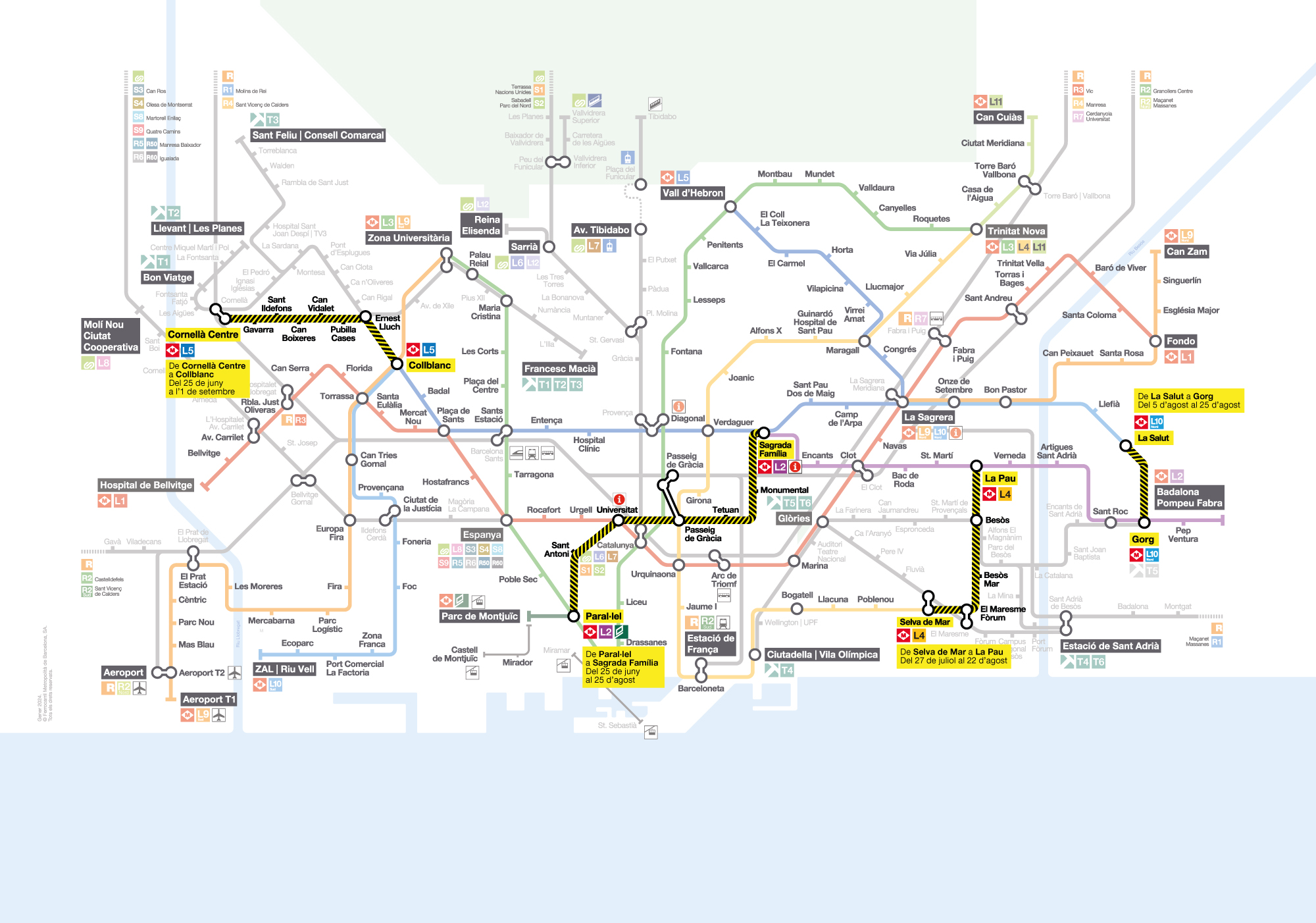 Detall del mapa global de les afectacions per talls de servei de la xarxa de metro / TMB