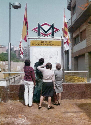 Guinardó (San Quintín) era el nom inicial de l'estació Guinardó / Hospital de Sant Pau, aquí el dia de la inauguració el 1974 / Foto: Arxiu TMB