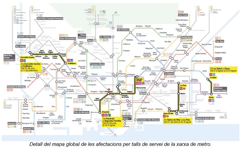 Detall del mapa global de les afectacions per talls de servei de la xarxa de metro. / Foto: TMB