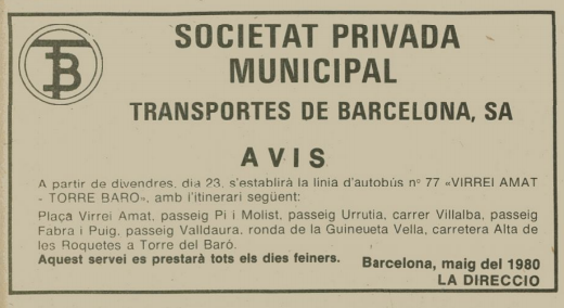 Anunci oficial de maig del 1980 de la posada en servei de la línia 77 (Virrei Amat - Torre Baró) / Foto: Autobusesbcn.cat