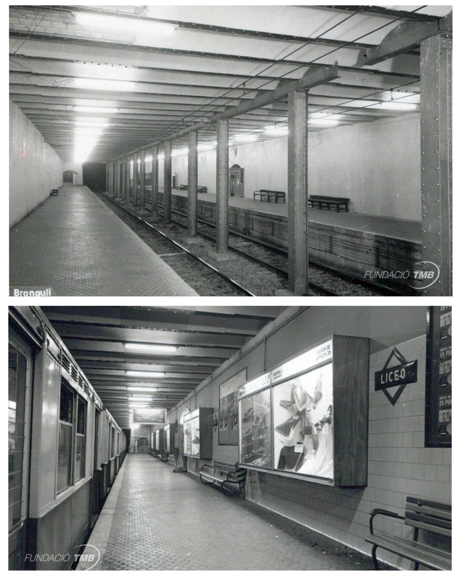Andana de Liceu, abans de la reforma dels anys 50 (a dalt) i als anys 60 (a sota) / Fotos Arxiu Fundació TMBB Andana de Liceu, abans de la reforma dels anys 50 (a dalt) i als anys 60 (a sota) / Fotos Arxiu Fundació TMBB