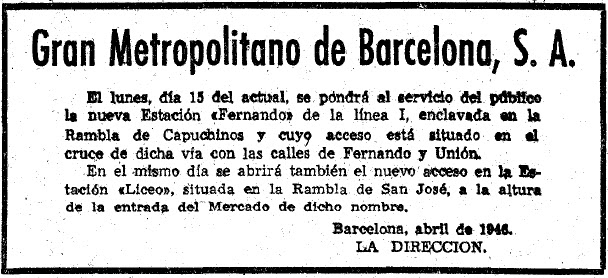 Anunci oficial sobre la posada en servei de l'estació de 'Fernando' l'abril del 1946 / Foto: Arxiu Fundació TMB