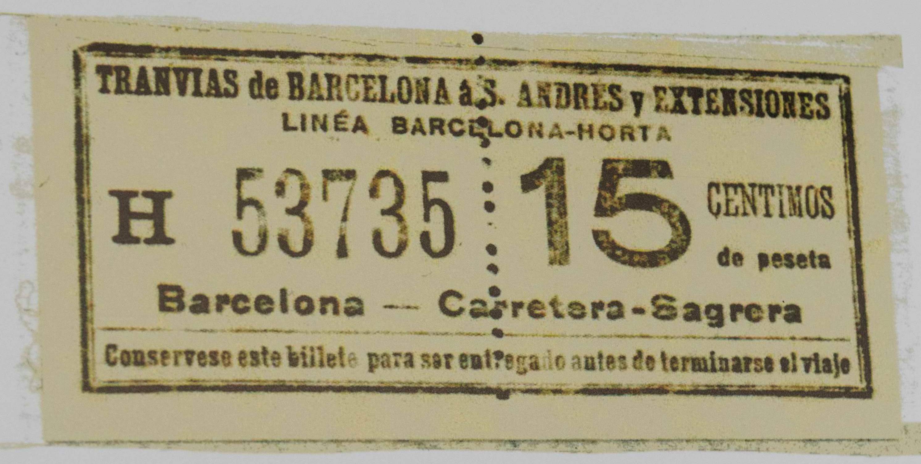 Bitllet de 15 cèntims del tramvia Barcelona - Horta / Foto: M. A. Cuartero