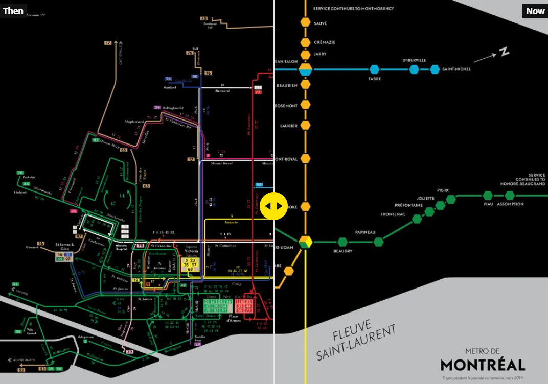 L'artista Jake Berman ha recreat l'antic sistema de tramvies de Mont-real amb l'estil i el color negre de l'actual mapa de metro de la ciutat / Imatge: Jake Berman