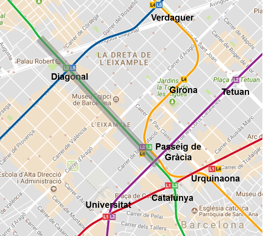 Estacions de metro recomanades i properes al passeig de Gràcia / Imatge: TMB