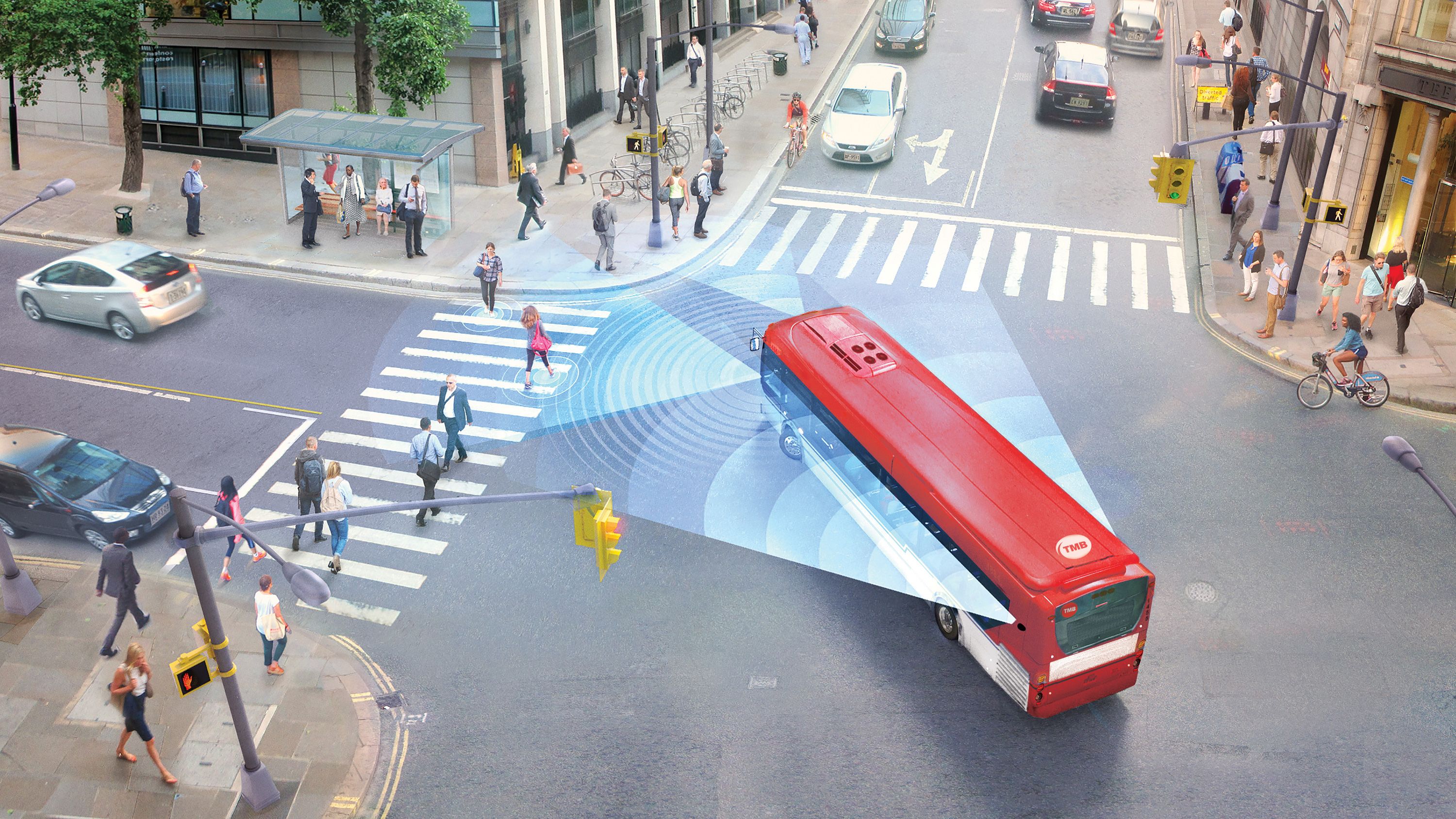 Simulació del funcionament dels sensors en un autobús / Imatge: Mobileye