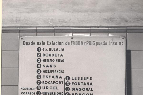 Cartell indicador a l'estació de Fabra i Puig / Foto: Arxiu Fundació TMB
