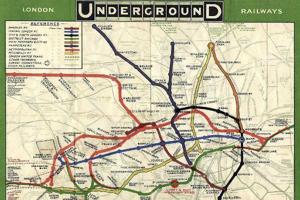 Els mapes de metro més antics mantenien els revolts dels traçats, aquest és del metro de Londres el 1908 / Imatge: Domini públic