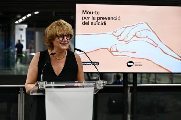 La presidenta de TMB, Laia Bonet, en un moment de l'acte de presentació del Mou-te 2026 al metro / Foto: Miguel Ángel Cuartero (TMB)