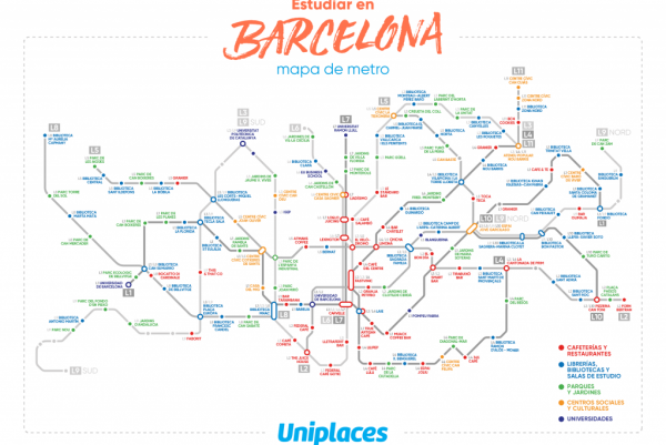 Plànol de metro de Barcelona d'Uniplaces marcant llocs d'estudi / Foto: Uniplaces