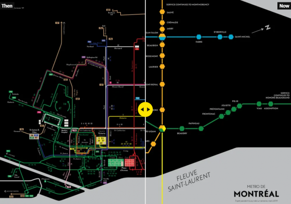 L'artista Jake Berman ha recreat l'antic sistema de tramvies de Mont-real amb l'estil i el color negre de l'actual mapa de metro de la ciutat / Imatge: Jake Berman