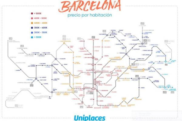  Mapa de Barcelona amb preu de lloguer per habitació segons les estacions més properes