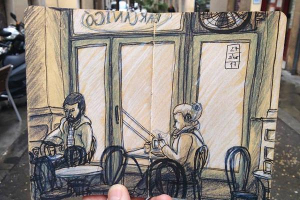 Una de les creacions de l''urban sketcher' a l'interior d'un bar / Imatge: Instagram de petardez
