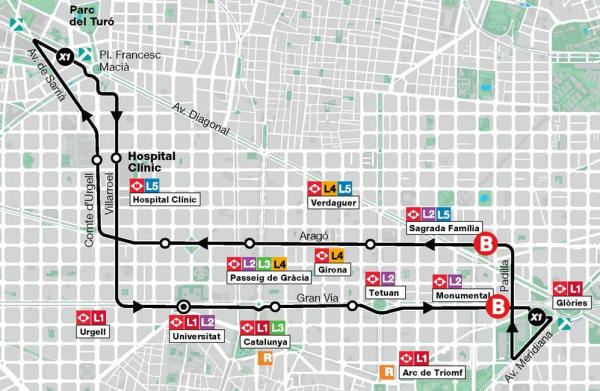 Plànol de la línia X1 amb les noves parades