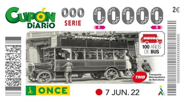Cupó de l'ONCE commemoratiu dels 100 anys de bus. /Foto: M.ANGEL (TMB) Cupó de l'ONCE commemoratiu dels 100 anys de bus. /Foto: M.ANGEL (TMB)