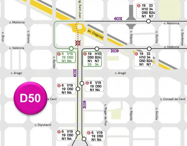 Desviament i parades alternatives línia 50